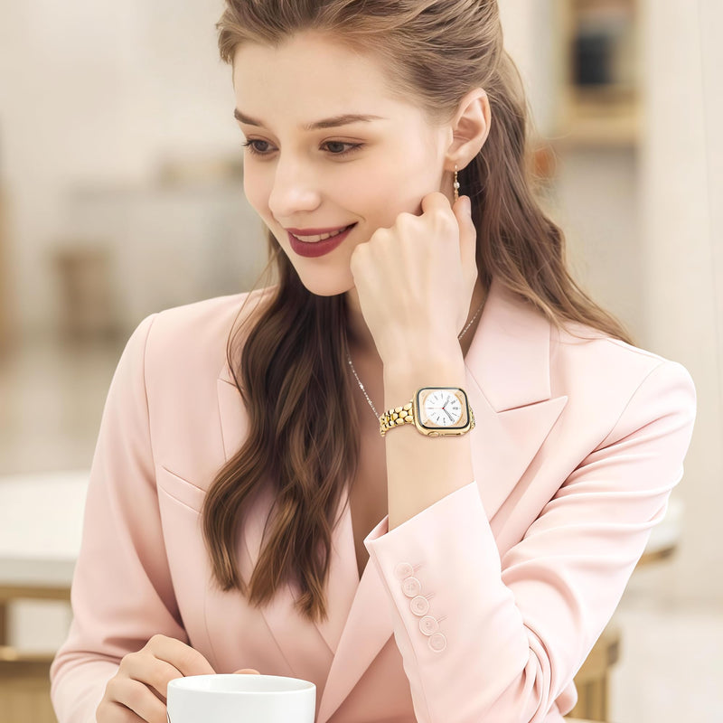 Melyis Slim Metal Band with Case Fits Apple Watch Bands for Women 42mm | Thin Stainless Steel iWatch Bands for Women, Dressy Band for Apple Watch with Screen Protector Series SE 9 8 7, Gold 42mm-Series 11 10