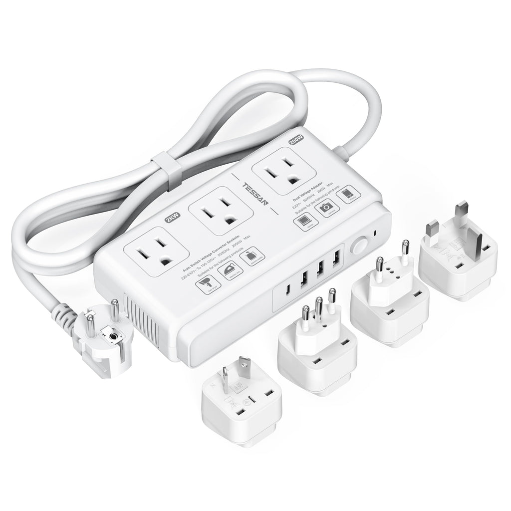 220V to 110V Voltage Converter, TESSAN Universal Travel Adapter with 4 USB Ports (1 USB C), 3 AC Sockets and EU/UK/AU/IT Plug Power Adaptor, Step Down Outlet Converters International Plug Adapter