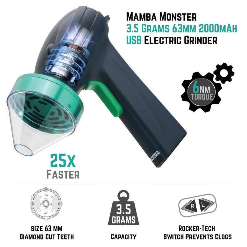 Mamba Monster 3.5g Green USB Electric Herb Grinder. Large Capacity Portable Metal Herbal Machine & Spice Mill for the Kitchen Anchor Gray & Green 63mm