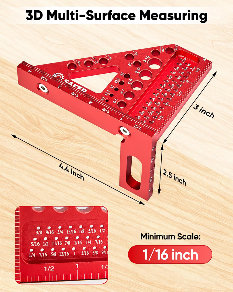 Saker 3D Multi-Angle Measuring Square Ruler, Aluminum Alloy Carpenter Square, 0-90° Precision Hole Scribing Ruler with Angle Pin for Woodworking, Engineering, and Construction Projects 4.4inch