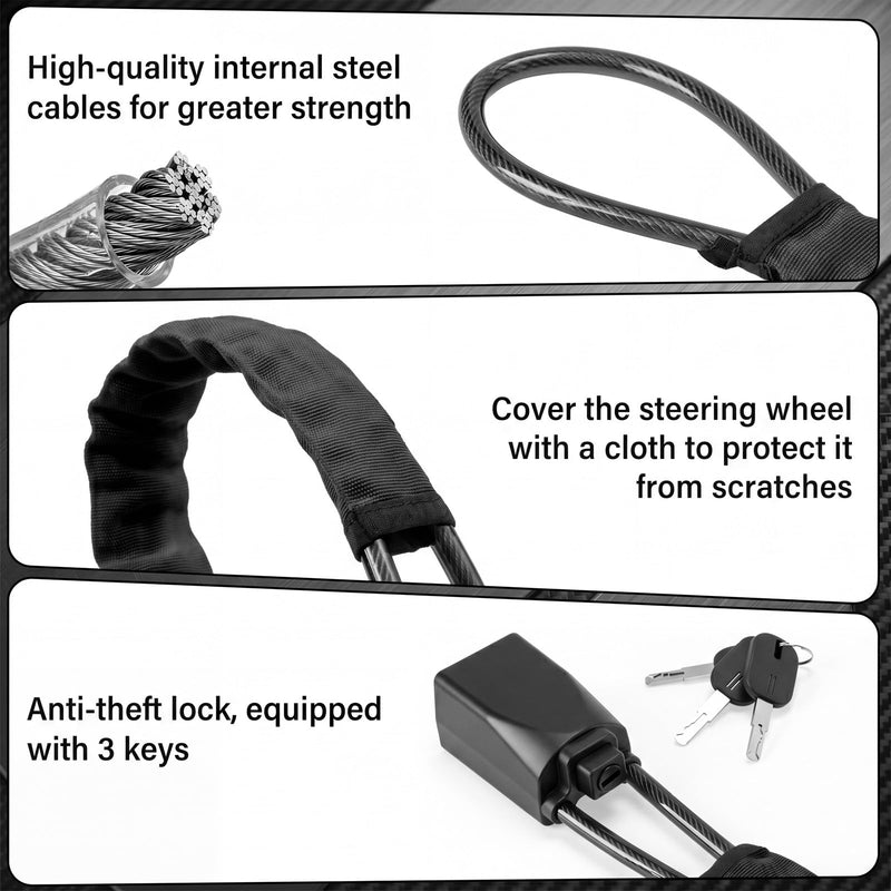 1 Pack Car Steering Wheel Lock Anti-Theft Device, 25.6" Heavy Duty Braided Steel Cable Lock with 3 B-Grade Keys Cut-Resistant Security with Sleeve for Car SUV Van Golf Cart (Black) 1 Black