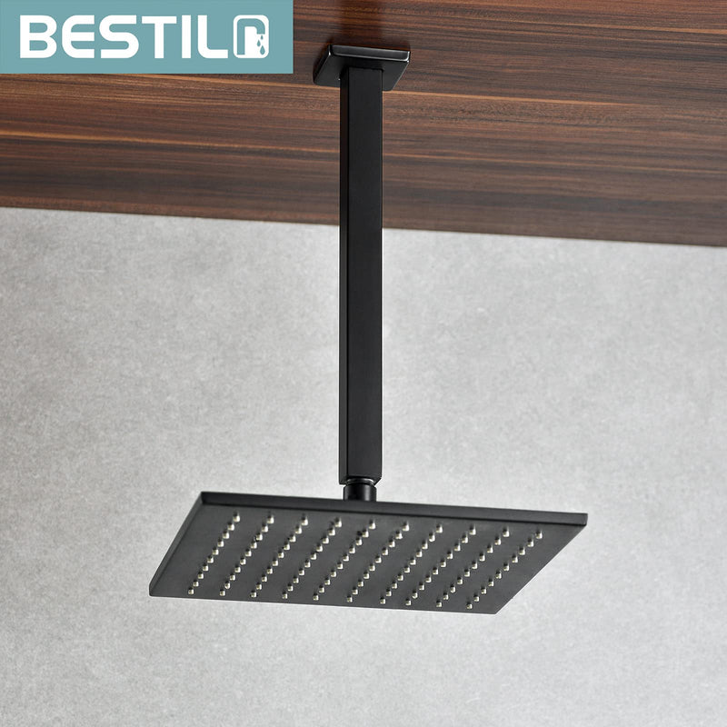 BESTILL 12 Inch Matte Black Ceiling Mount Shower Arm and Flange, Square Rain Shower Head Arm