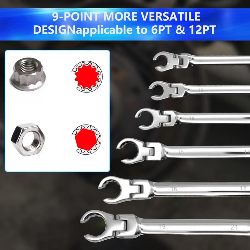 ZKTOOL 6PCS Double Open Movable Head Flexible Flare Nut Wrench Set, Metric Wrench Set 9-21mm, 180 Degree Rotating Head,Applicable to 6PT & 12PT, Kit For Most Of Compression Joint Fittingmovable