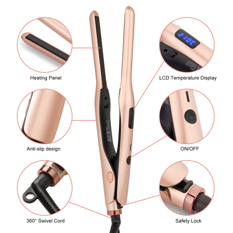 JAETON Mini Hair Straightener for Short Hair,Pixies,Bangs,Small Curls | Small Travel Flat Iron, Adjustable Temperature Pencil Straightener, Dual Voltage Rose Gold