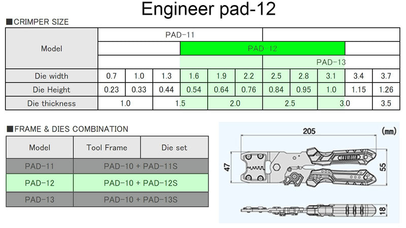 ENGINEER PAD-12 Handy Crimping Tool, Ultra-Precise Crimper Forming Excellent Crimping Finish 中 Main unit + dice Single Item