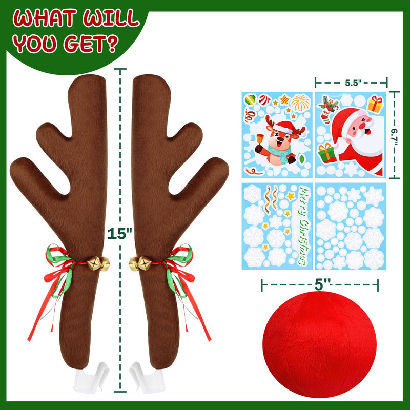 Reindeer Car Decoration for Christmas with Nose, 4PCS Window Sticker, Antlers for Car Reindeer Window Roof-Top & Front Grille, Auto Holiday Decoration Reindeer Ears for Car SUV Van Truck 15.5 inches