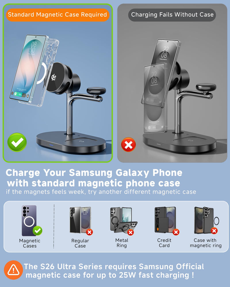 Qi2.2 25W Magnetic Wireless Charging Station for Samsung TEC Active Cooling | For Galaxy Z Fold 8 Ultra/Fold8 Wide/S26 Ultra/iPhone17, 3-in-1 Fast Charger Stand for MagSafe (Not for Watch 9/Ultra 2)