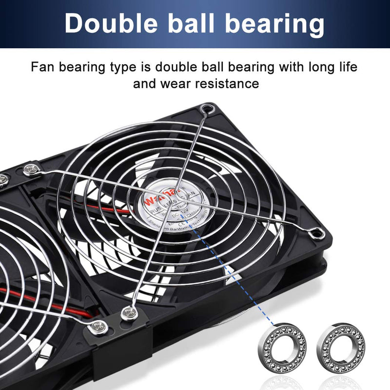 Wathai 2 x 120mm 240mm Computer Fan with AC Plug Cabinet Fan 110V 240V | Dual Ball Big Airflow 12V Cooling Fan with Variable Speed Control for External PC Case Cooling computer cabinet vent 2x120mm fan