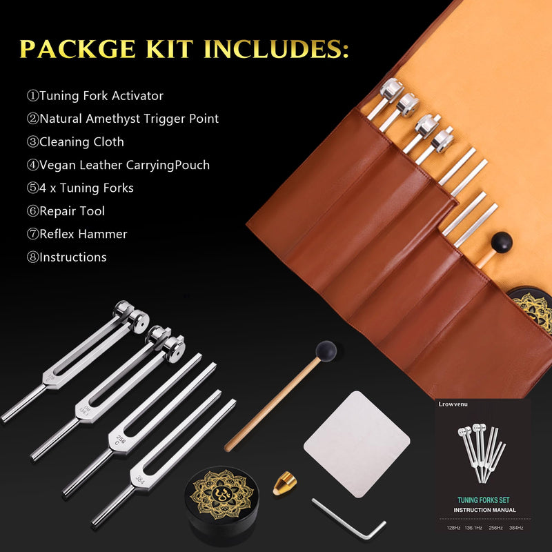 Tuning Forks for Healing Set – 128Hz, 136Hz, 256Hz, 384Hz. Body Tuning Forks Chakra Set, for Medical Sound Healing Therapy, Meditation, DNA Repair, Reiki Energy, Guitar Tune Fork Health 4 set