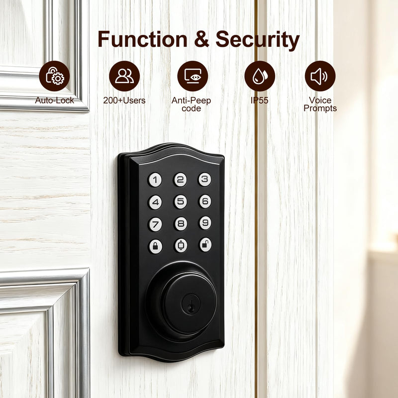 Keyless Entry Door Lock with Keypad, Auto Lock, Voice Prompt, Smart Deadbolt Lock for Front Door with Key, Matte Black – Easy Installation, IP55 Waterproof