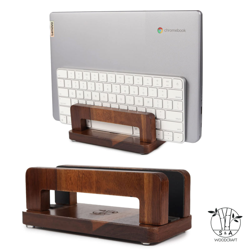 S&A WOODCRAFT Brown Acacia Wood Vertical Laptop Stand, Adjustable Wooden Laptop Holder, Non-Slip Laptop Dock Compatible with Apple MacBook, Microsoft Surface, Gaming Laptops, IPad, Tablets 1 Slot