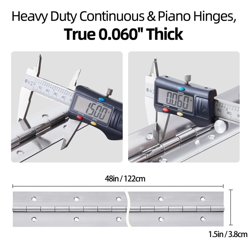 Heavy Duty Piano Hinge 48 Inch x 1.5 Inch Stainless Steel Continuous & Piano Hinges with Holes, 48" Continuous Hinges for Cabinet, Door, DIY Wood Boxes, 0.060" Leaf Thickness, 1.5" Open Width Silver