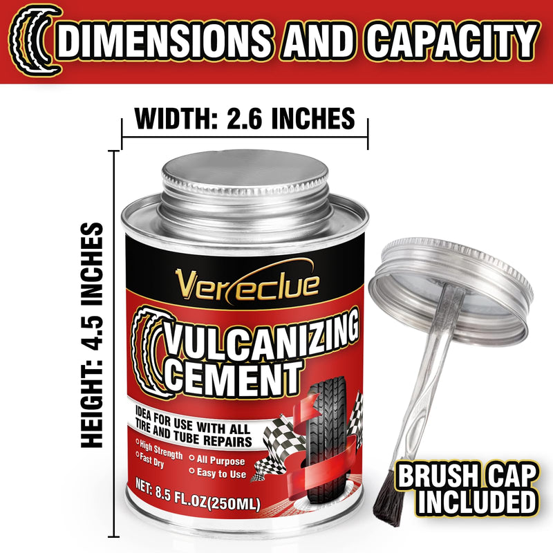 Chemical Vulcanizing Cement, Clear Tire Repair Glue, All Purpose Rubber Cement, Heavy Duty Tire Patch Kit with Brush Top Can for Car, Motorcycle, Bike, 8.5Oz 8.5FL.Oz