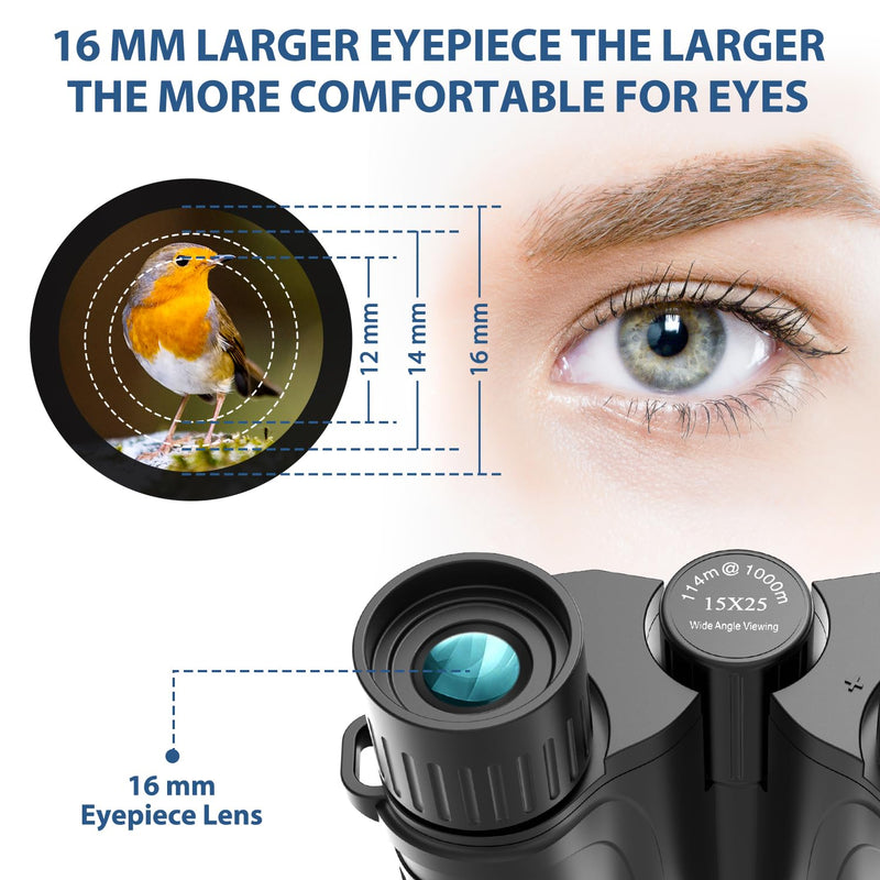 Binoculars 15x25 for Adults,Waterproof Binoculars with Low Light Night Vision, Durable & Clear Binoculars for Sightseeing,Concerts and Bird Watching Black