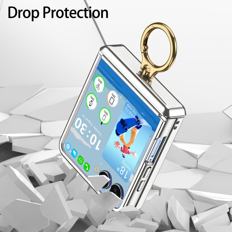 Designed for Samsung Galaxy Z Flip 8 Case with Ring Holder Hinge Protection | Ultra Slim Crystal Plating Protective Cover Case with Screen Protector for Z Flip 8 Clear Silver Clear Silver B