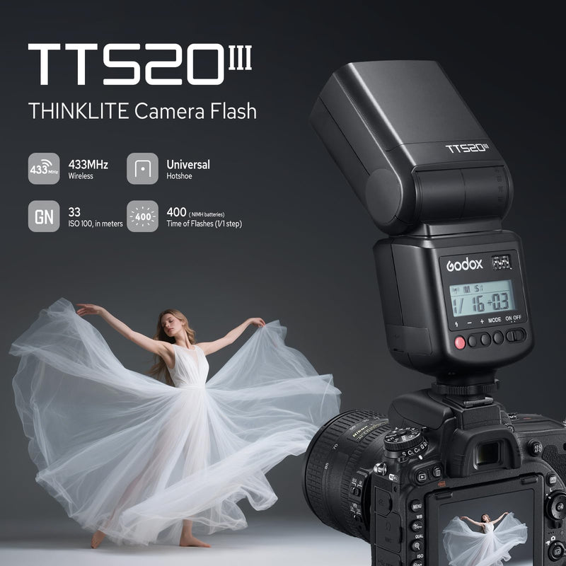 Godox TT520III Camera Flash Speedlite, GN 33 Flash Speedlight with RT-16 Wireless Trigger Transmitter, S1/S2 Optical Sync, PC Sync Port for Canon/Sony/Fujifilm/Nikon/Panasonic/Olympus