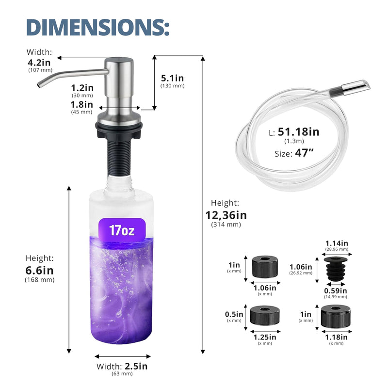 SBEN Built-in Kitchen Sink Soap Dispenser – Stainless Steel Brushed Nickel Pump, 17 oz Bottle and Extension Tube Kit 47", Upgraded Metal Check Valve, Countertop Hand Soap & Lotion Dispenser