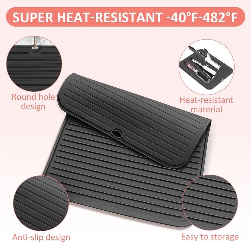  [AUSTRALIA] - Heat Resistant Mat Large Silicone Hot Hair Tools Mat for Curling Irons Flat Iron Hair Straightener Portable Hair Styling Tools Hot Pad Cover Black
