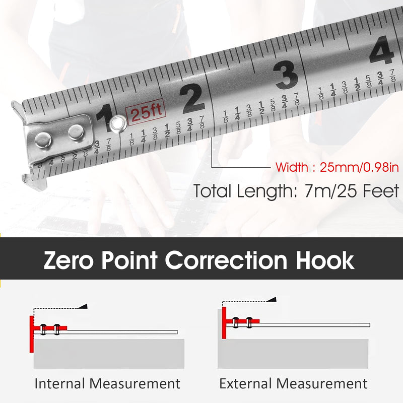 25ft Tape Measure - Heavy Duty Stainless Steel Measuring Tape with Double-Sided Scale, Waterproof & Rustproof Retractable Ruler for Construction, Woodworking & Agricultural Use (Silver) 1 Pcs, 25 FT, Silver
