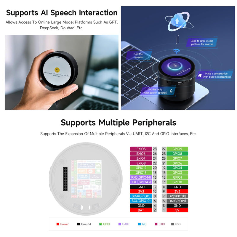 Waveshare ESP32-S3 1.85inch Round LCD Development Board, 360×360, Supports Wi-Fi & Bluetooth BLE 5, AI Speech, Smart Speaker Box, ESP32 with Display