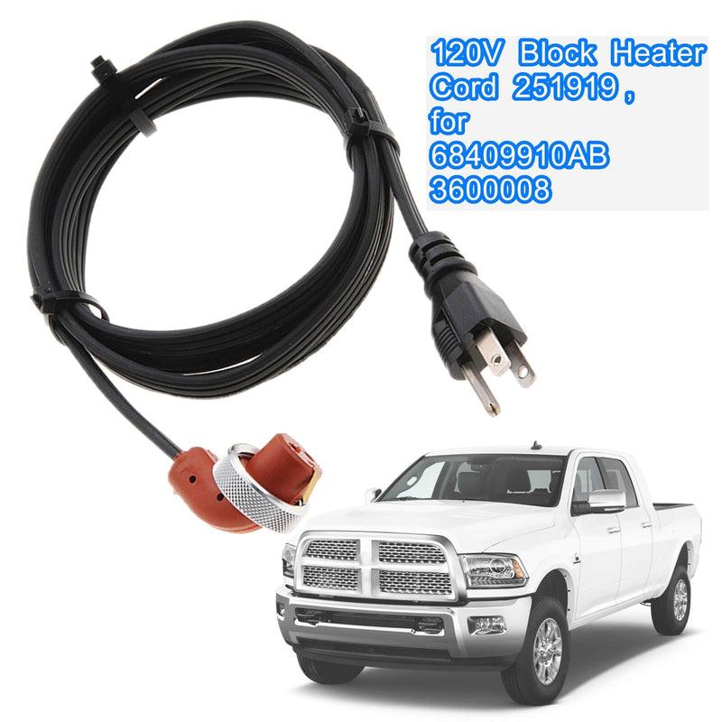 120V Block Heater Cord 251919, for Dodge Ram 2500 3500 Cummins 1989-Current 5.9 L /2007-Current 6.7 L, for 95-16 Ford 6.0 6.4 7.3 Powerstroke, Engine Block Heaters 68409910AB 3600008