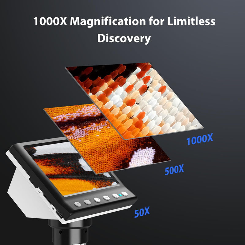 4.3'' IPS Coin Microscope, 1000X Magnification Digital Microscope for Adults，Coin Collection Supplies with 8 Adjustable LEDs，Windows Compatible，32GB TF Card