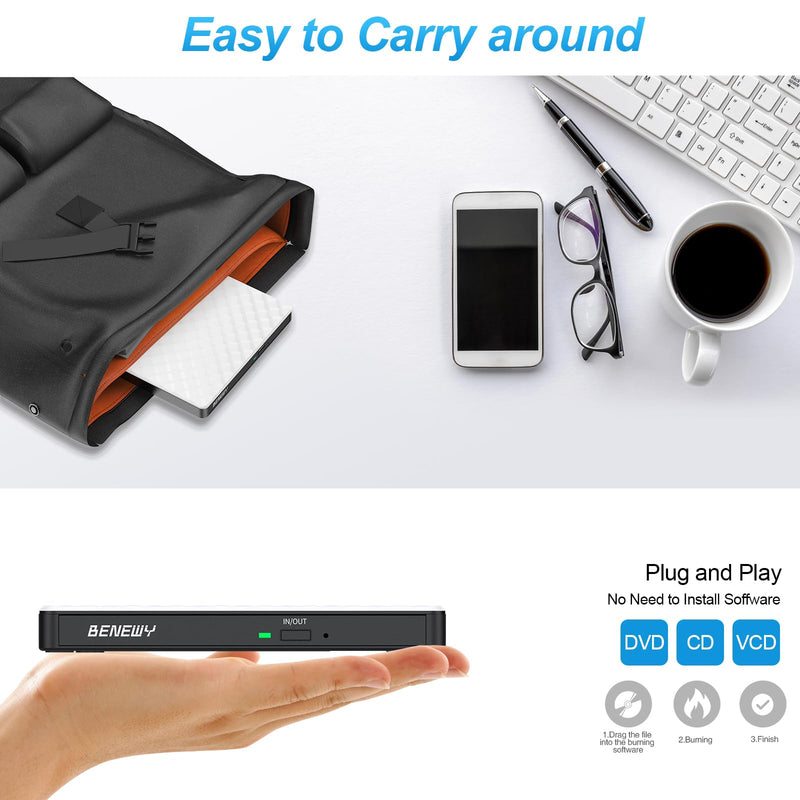 External CD/DVD Drive for Laptop PC Mac, CD Burner DVD Player for Laptop | USB 3.0 USB C CD DVD +/-RW Drive External CD Reader for Laptop Desktop PC Windows 11/10/8.1/7 Linux MacBook Mac OS White 2 in 1 White