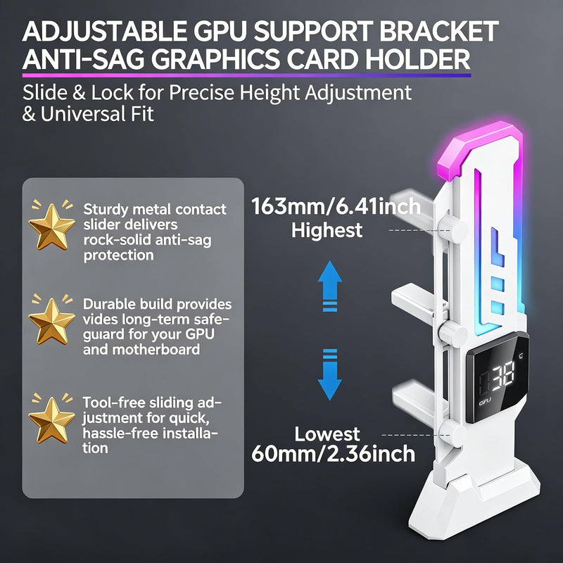ARGB GPU Support Bracket with CPU & GPU Temp/Usage Display, Adjustable Height Anti Sag GPU Stand with Magnet & Non-Slip Base, Universal Graphics Card Support, RGB GPU Brace / Video Card Holder
