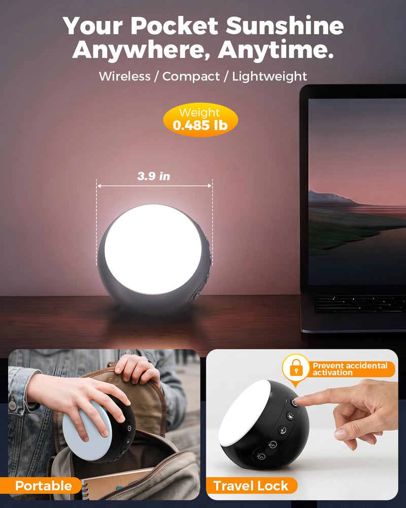 Wireless Light Therapy Lamp, 10000 Lux UV-Free Full-Spectrum Sun Lamp, 3 Color Temperatures, 5 Brightness, Timer, Rechargeable for Home Office Travel Black