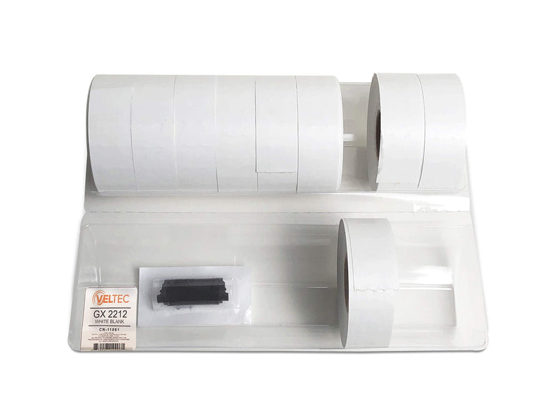 Veltec 2212 White Pricing Labels for Garvey (22-6, 22-7, 22-8) and Contact (6.22, 7.22, 8.22) One-Line Price Gun/Labelers, Free Ink Roller – 9 Rolls, 11,000 Labels with Security Slits
