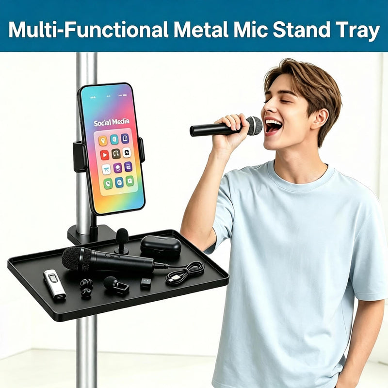 11"x8" Mic Stand Tray with Phone Holder, Universal Microphone Stand Shelf | Adjustable Phone Mount, Multi-Function Recording Stand Accessory for Studio, Karaoke Clamp on Music Stand Shlef Attachment