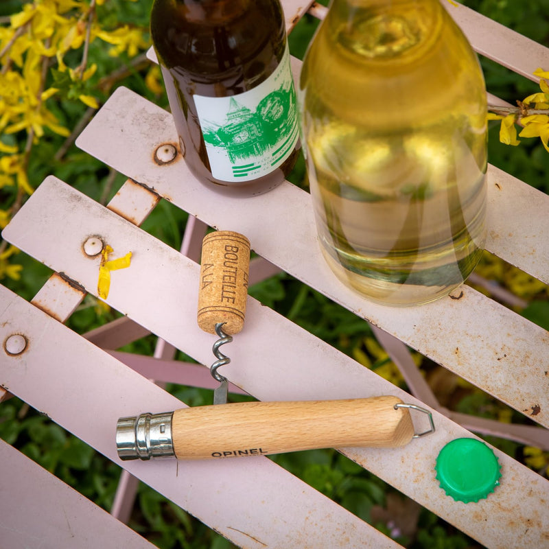 Opinel No. 10 Stainless Steel Corkscrew Wine and Cheese Folding Knife, Integrated Corkscrew + Bottle Opener, Beechwood Handle - Picnic Pocket Knife Made in France (Updated Version) Updated Version