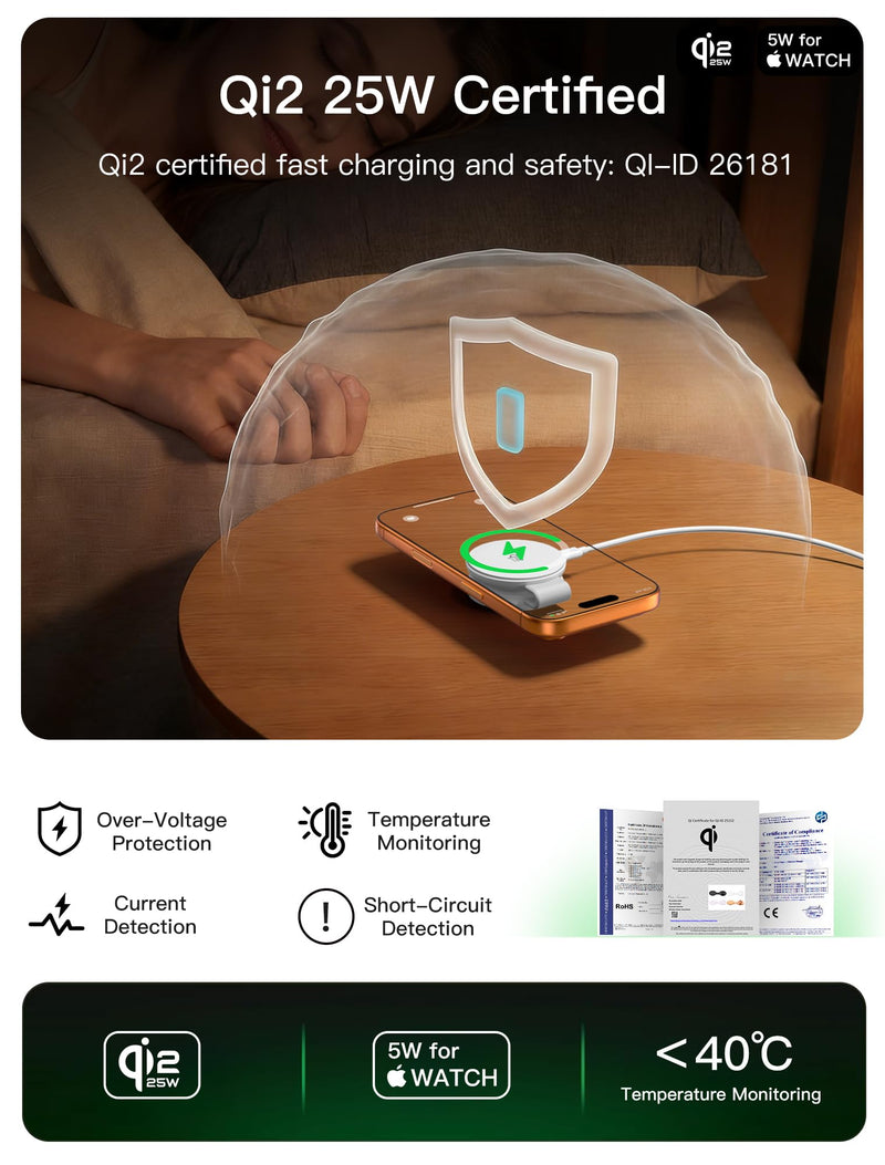 2 in 1 Magnetic Wireless Charger, Qi2 25W Fast Charging Travel Station Pad Compatible with MagSafe for iPhone Air/17/16/15/14/13/12, 5W for Apple Watch, AirPods 4/3/2/Pro with 30W Adapter (White) White