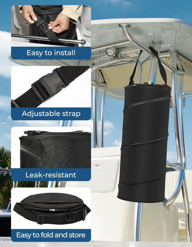 KEMIMOTO Boat Trash Can, 50L Marine Caddy Black Bag Boating Trash Bags Reusable Waterproof Boat Garbage Storage for Marine, Kayak, Pontoon Boat, Camping