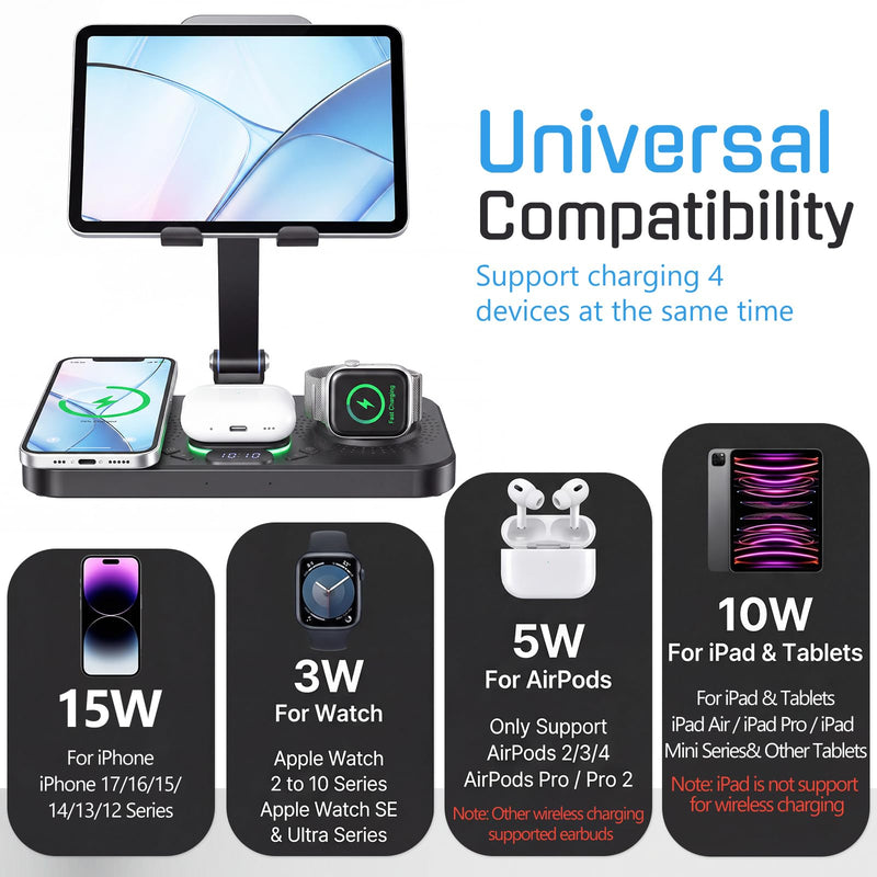 30W Charging Station for Apple Multiple Devices,Foldable Wireless Charger | 6 in 1 Magnetic Charger Station with Clock-7 RGB Light,Wired Charging Stand for iPhone17/iPad/Tablet/Apple Watch/AirPods