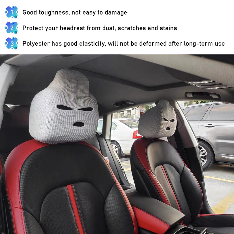 2 PCS Car Headrest Cover, Personalized Funny Car Seat Full Face Mask, Ski Mask Wrap Protection for Auto Front Seat Rest Decoration, Universal Interior Car Accessories (White) White