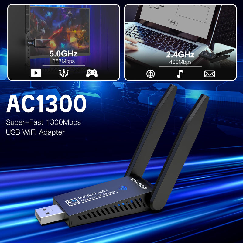 USB WiFi-Adapter for Desktop PC, AC1300Mbps USB 3.0 WiFi Dual Band 5G/2.4G Wireless Network Adapter, Mini WiFi Dongle for Windows 11/10/8/7, Mac OS 10.9-10.15