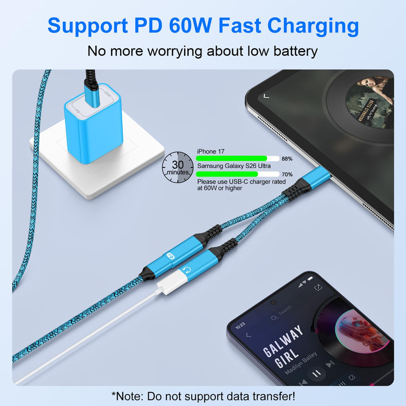 USB C Splitter 1 in 2 out Audio and Charger Adapter 60W iPhone 17 Charger Fast Charging Cable for iPhone 17e/17 Pro Max/17 Pro/16 Pro Max/16 Plus/16Pro/16/16e/15Pro Max/Plus/Pro,USB C Wired Headphones Blue-2