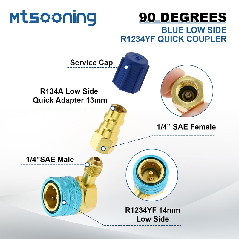 Mtsooning R1234yf 90° High/Low Side Quick Couplers Kit, R1234YF to R134A Quick Coupler Adapter, R1234YF Hose Adapter Fitting Connector with R134A Retrofit Valve for Car Conditioner AC Charging