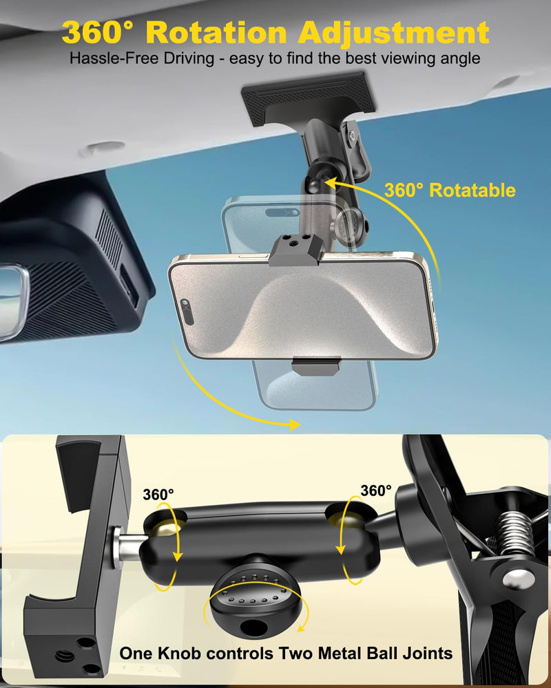 Sun Visor Car Phone Mount, Upgrade Durable All Metal Phone Holder | Car Visor Accessories for Women Men, 360° Adjustable Arm Visor Cell Phone Clip for iPhone 17 16 15 14 Pro Max, Galaxy, 4-7"