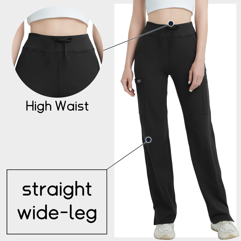 QBK High Rise Yoga Scrub Pants Women - Straight Wide Leg Uniform Pants with Cargo Pocket, Anti-Wrinkle & Knit Yoga Waistband Regular Small Black