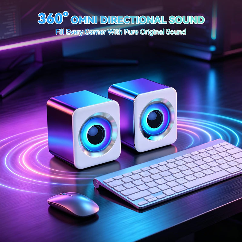 Computer Speakers, New Diamond Diaphragm Design, USB Wired Unit with Volume Control, 3.5mm Audio Jack Delivers Rich Stereo Sound, Compatible with Phones, Tablets and MP3 Players(White) White