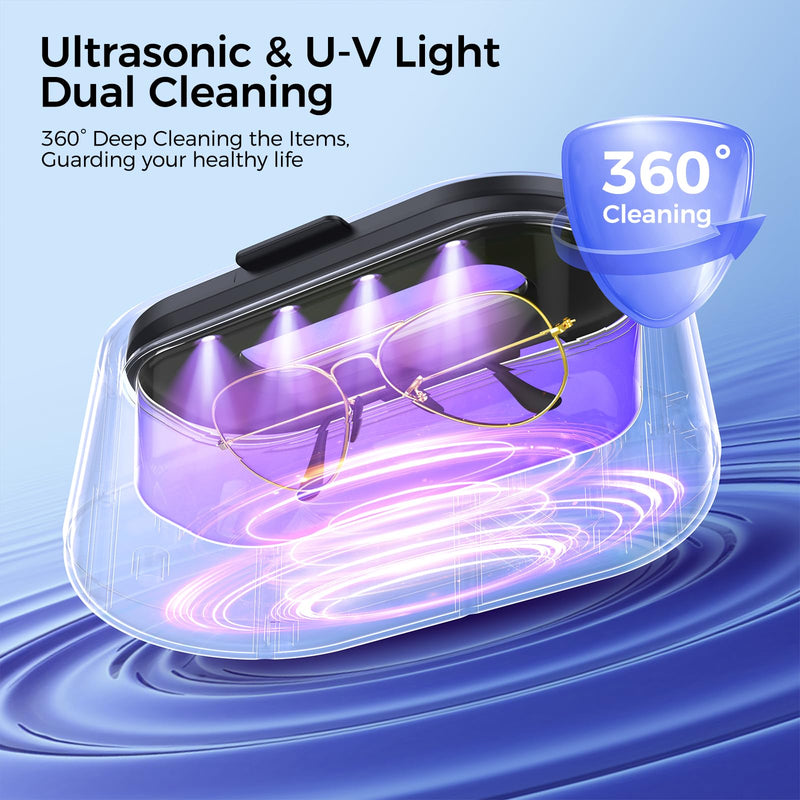 Ultrasonic Jewelry Cleaner, 50KHz Ultrasonic Cleaner Machine, Dual Modes & LED Display, 5 Cleaning Modes, 24W Sonic Cleaner for Jewelry, Eyeglasses, Watches, Rings, Watch Strap,Dentures Black