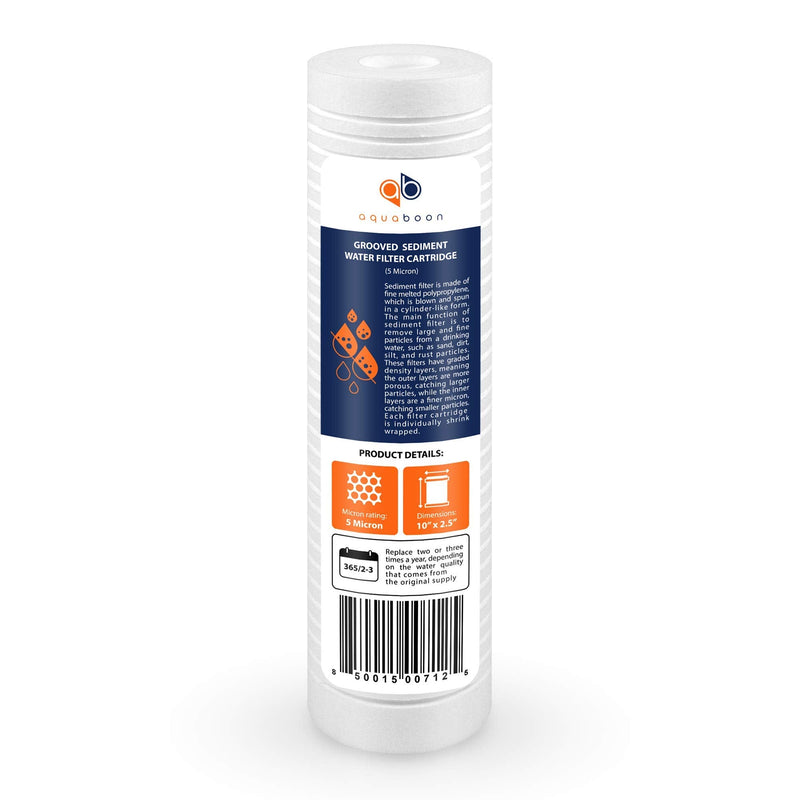 Aquaboon 5 Micron 10 x 2.5 Grooved Sediment Water Filter Replacement for Whole House Filter Cartridge Compatible with AP110, WHKF-GD05, CFS110, 6-Pack