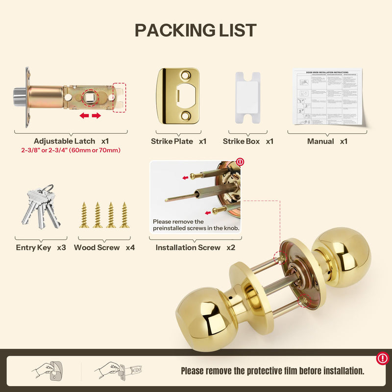 Ball Design Door Knob with Keys and Lock, Keyed Entry Round Shaped Doorknob for Front/Entrance Doors, Polished Brass Finish