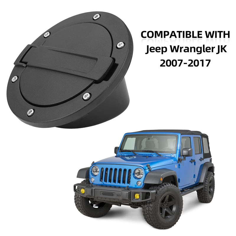 Fuel Filler Door Cap Black Gas Cover Cap Compatible with Jeep Wrangler 2007-2017 JK & Unlimited 2 door and 4 door + US Flag stickers cross bar Accessories，Aluminum+ABS Accessories