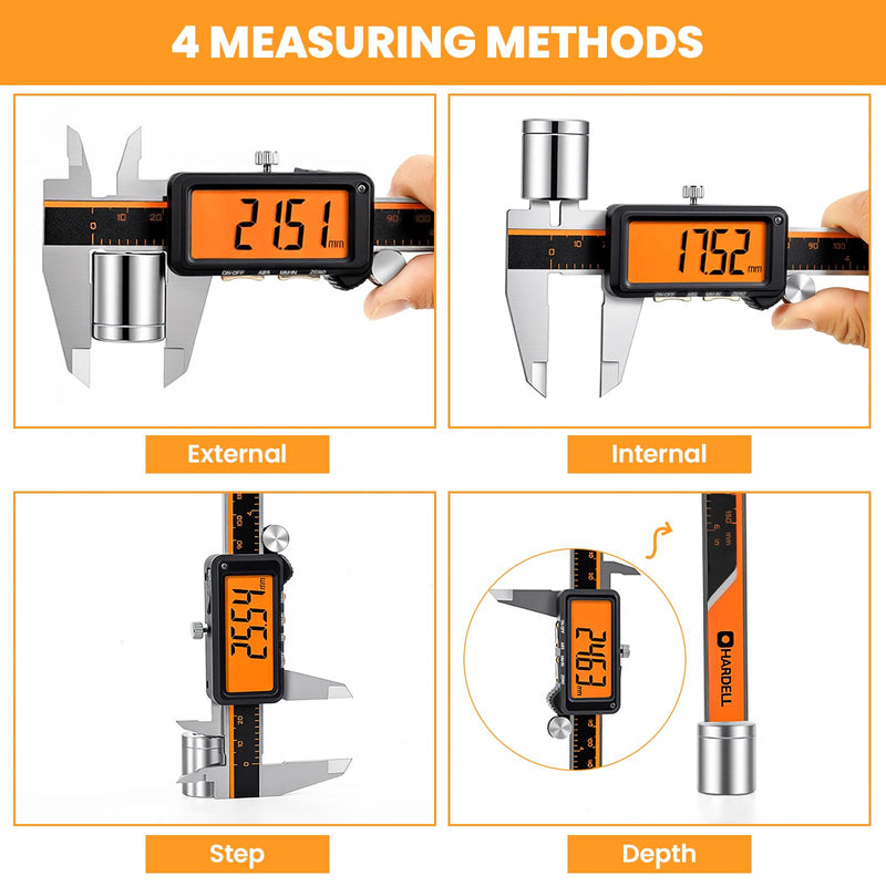 HARDELL Digital Caliper, Rechargeable Calipers with Large Orange Screen, Anti-Glare LCD & ABS Function, in/MM Caliper Measuring Tool, Stainless Steel Micrometer -Auto Off for DIY/Household (6 Inch)