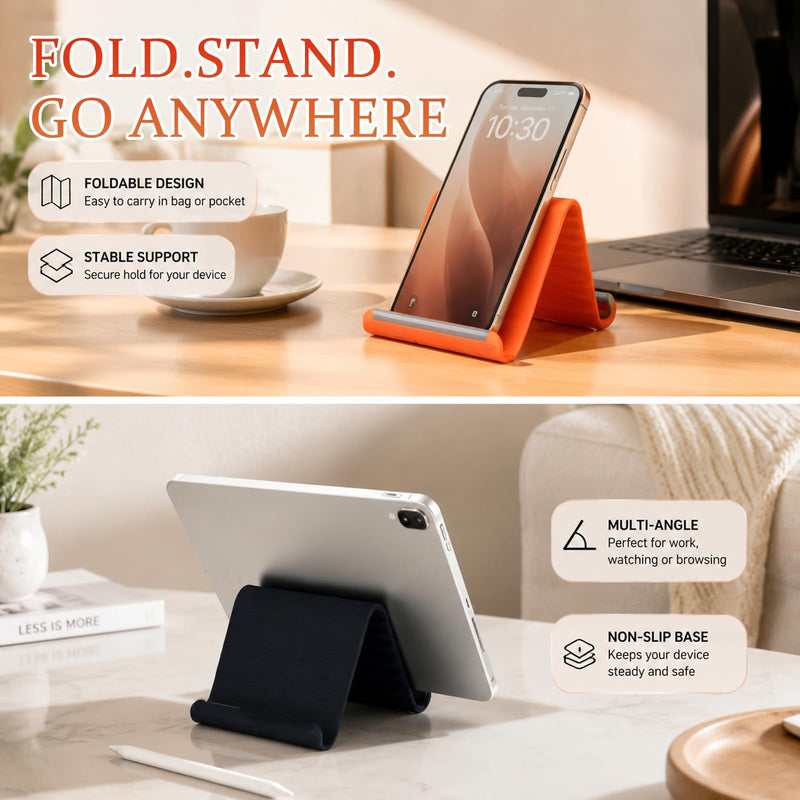 Flexible Silicone Phone Stand with Aluminum, Foldable Portable and Bendable Phone Holder for Phone Tablet Laptop, Portable Rollable Multi-Angle Stand (Orange) Orange