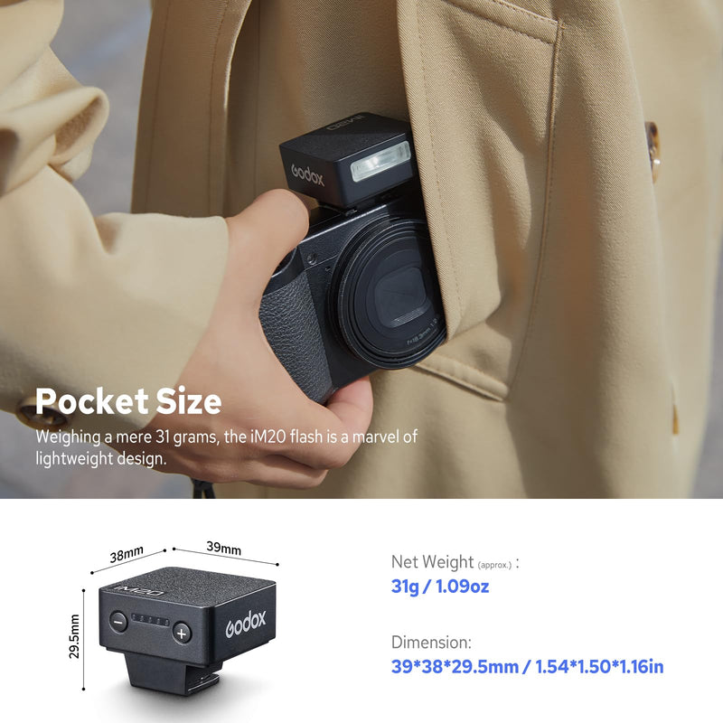 Godox iM20 Camera Flash, Mini Flash Speedlite, 440 Full Power Flashes, Built in Lithium Battery, 5 Power Levels, Single Contact Hot Shoe Design, Compatible for Canon Sony Fuji Nikon Panasonic Olympus