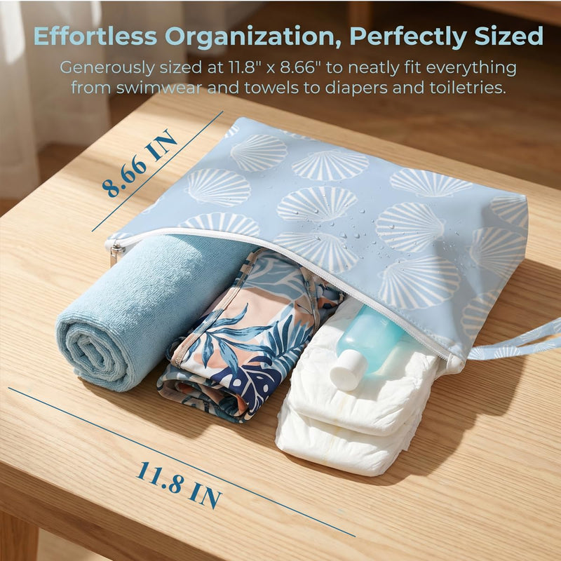 Fokongna Wet Bag, 4 Pack Short City Trip Foldable Reusable Waterproof Leakproof Dry Wet Organizer for Daily Commute Gym Mini Essentials Storage Seashell & Starfish